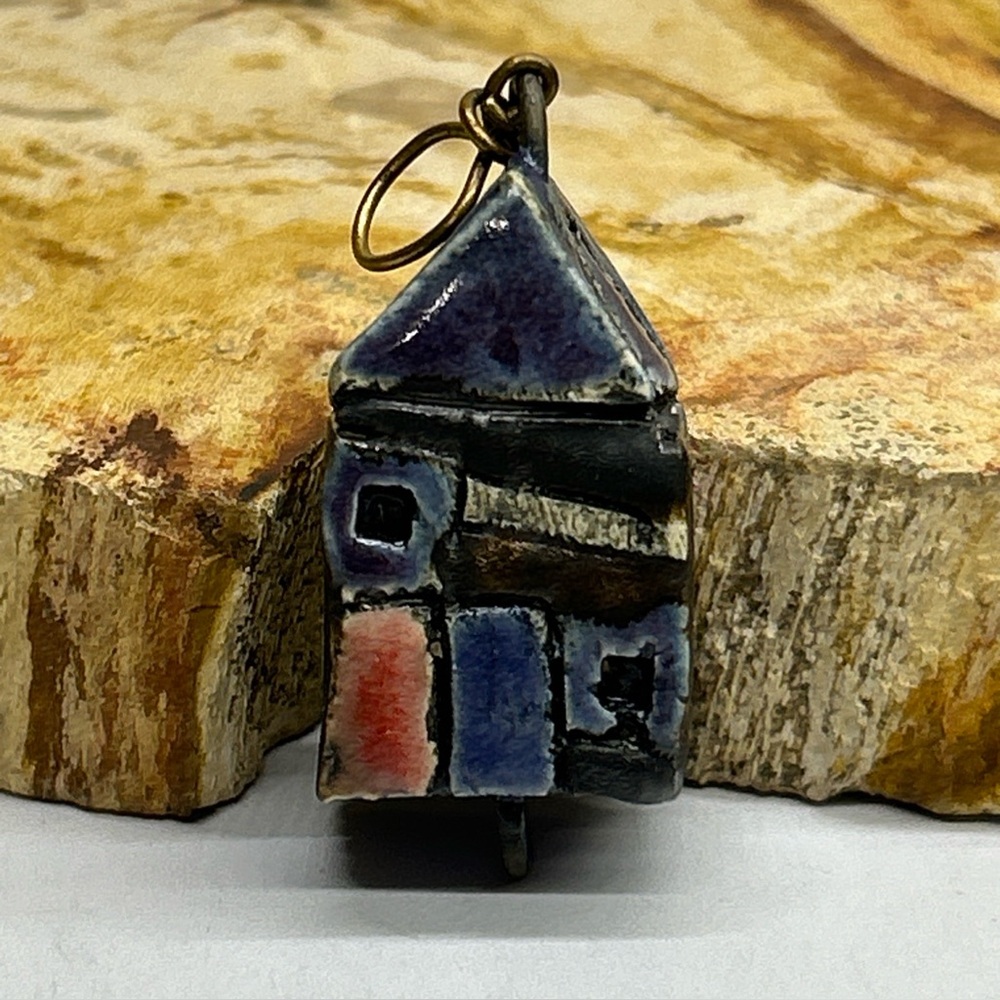 Raku Fired Ceramic House Charm Pendant Unique One Of A Kind